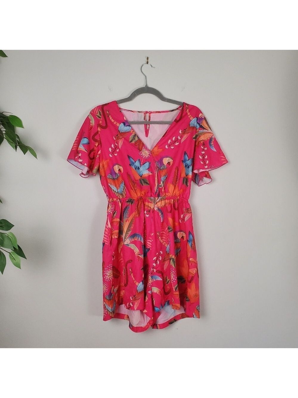 Floral Tropical Pink V Neck Romper Medium